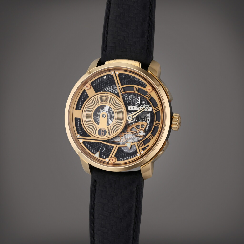 View full screen - View 1 of Lot 40. Reference HLQ 03 | A limited edition pink gold and PVD-coated titanium semi-skeletonized jump hour wristwatch with date and retrograde minutes, Circa 2020.