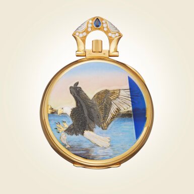 View full screen - View 1 of Lot 334. Reference 982/8J-001 'Fishing Eagle' | A yellow gold, diamond and sapphire-set open faced watch with power reserve indication and decorated with a scene depicting a fishing eagle in flight in cloisonné enamel, Circa 2010.