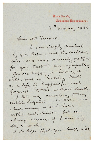 View full screen - View 1 of Lot 147. John Ruskin | Autograph letter signed, to W.B. Tarrant, 1884.