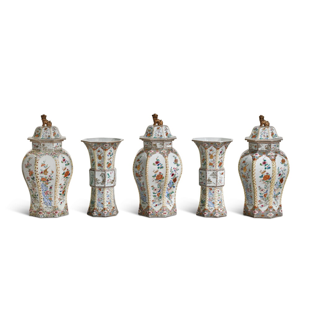 View full screen - View 1 of Lot 71. A Rare Large Chinese Export Famille-Rose 'Floral and Landscapes' Octagonal Section Five-Piece Garniture, Qing Dynasty, Yongzheng/ Qianlong Period, Circa 1735 | 清雍正 / 乾隆 約1735年 粉彩花卉山水圖瓶一套五件.