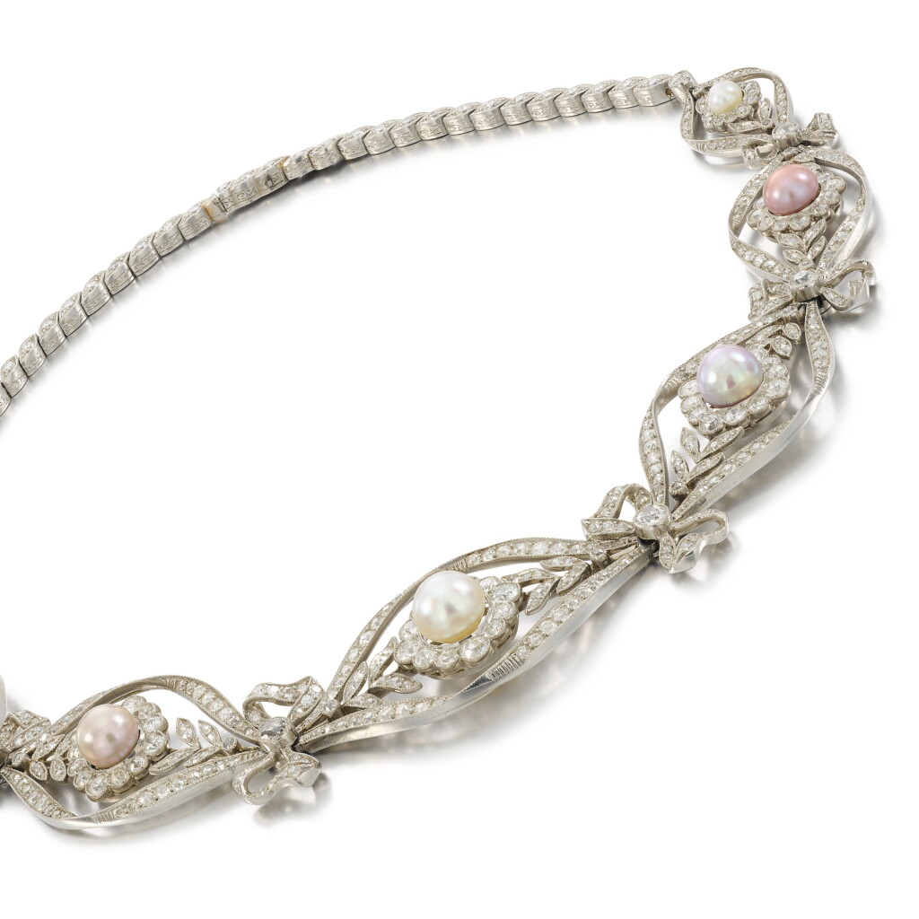 View full screen - View 1 of Lot 26. Natural pearl and diamond necklace, circa 1905.