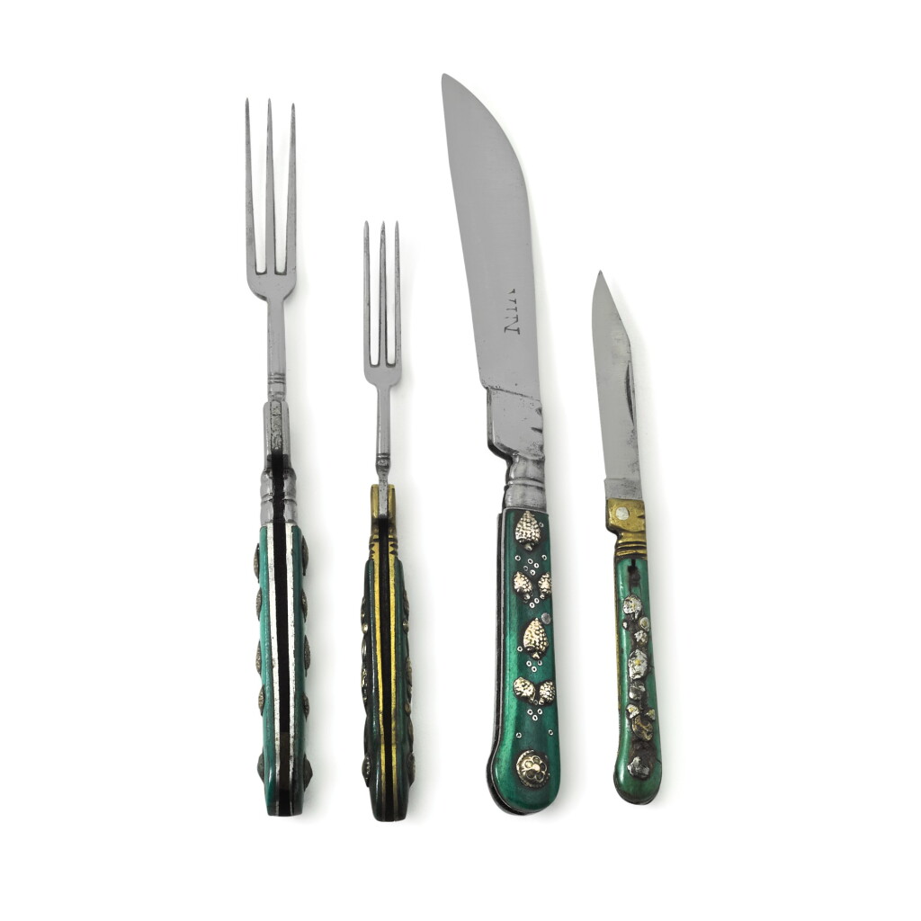 View full screen - View 1 of Lot 27. A set of four folding steel blades and tines, Saxony, 18th century.