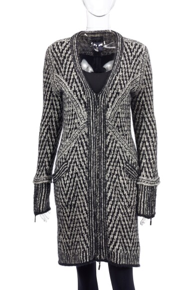 View full screen - View 1 of Lot 36. BLACK AND GREY WOOL- AND ALPACA-BLEND ZIP-DRESS, CHANEL.