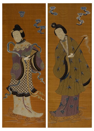 View full screen - View 1 of Lot 1060. A PAIR OF APRICOT-GROUND SILK EMBROIDERED ‘LADY’ PANELS, QING DYNASTY, 19TH CENTURY.