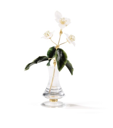 View full screen - View 1 of Lot 97. A MODERN JEWELLED GOLD, NEPHRITE, GLASS AND ROCK CRYSTAL FLOWER OF JASMINE | FLEUR DE JASMIN EN OR, NÉPHRITE, VERRE SATINÉ ET CRISTAL DE ROCHE, MODERNE.