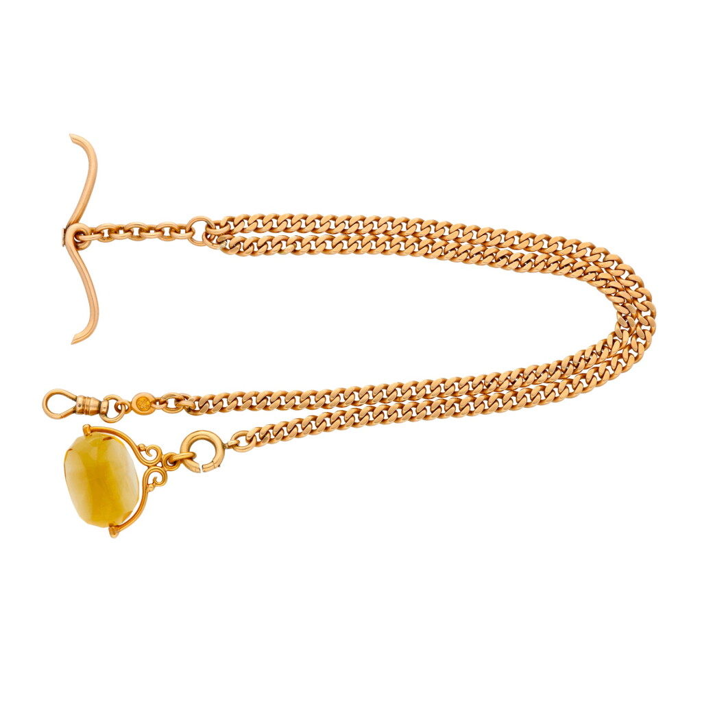 View full screen - View 1 of Lot 252. A gold flat curb-link albert watch chain Circa 1910.