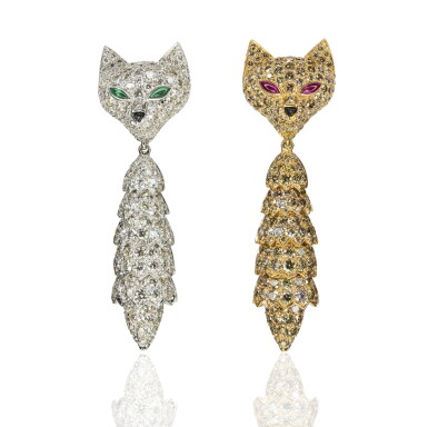 View full screen - View 1 of Lot 89. Pair of diamond, ruby and emerald pendent earrings, 'Foxes', Michele della Valle.
