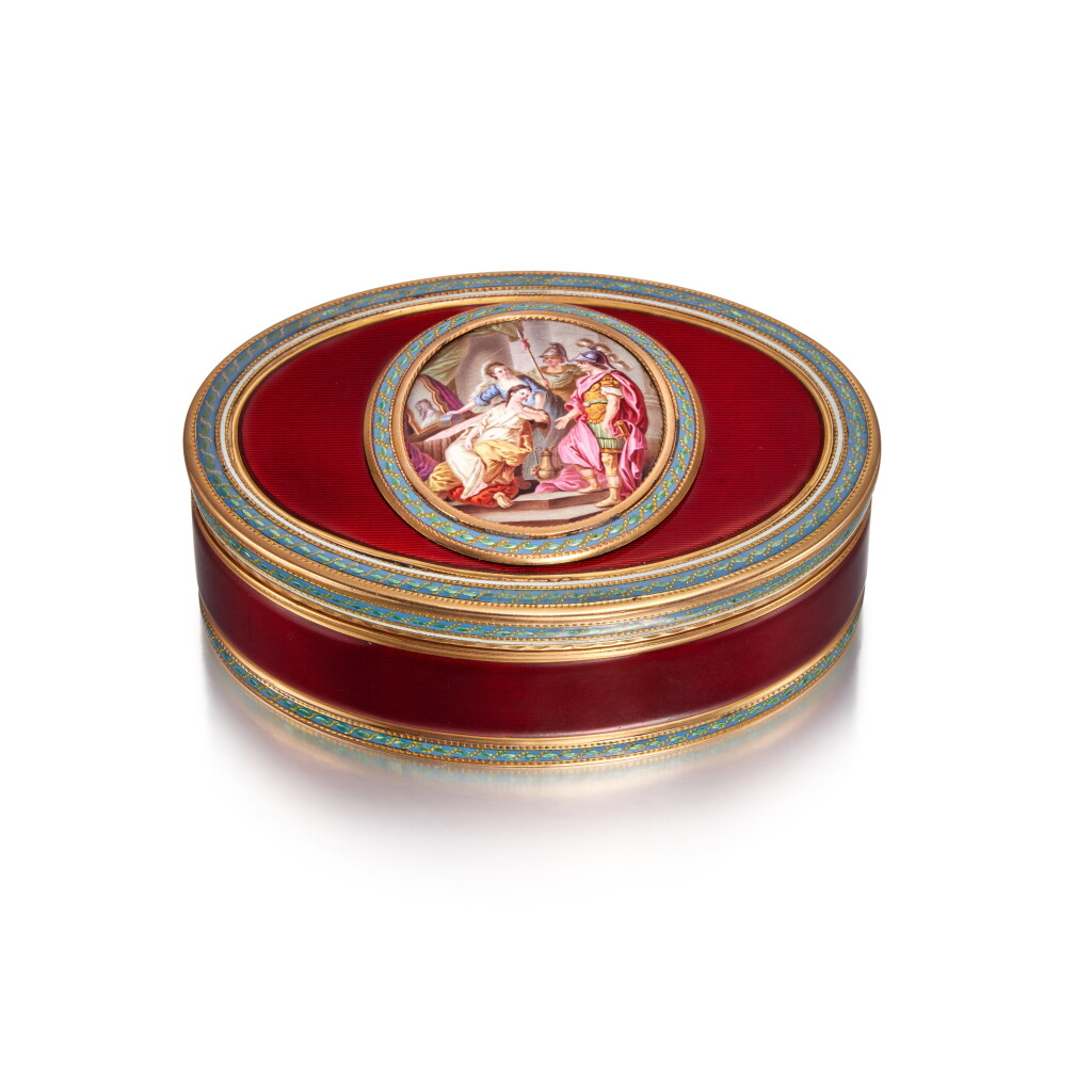 View full screen - View 1 of Lot 411. A Gold and Enamel Snuff Box, Hanau, circa 1790.