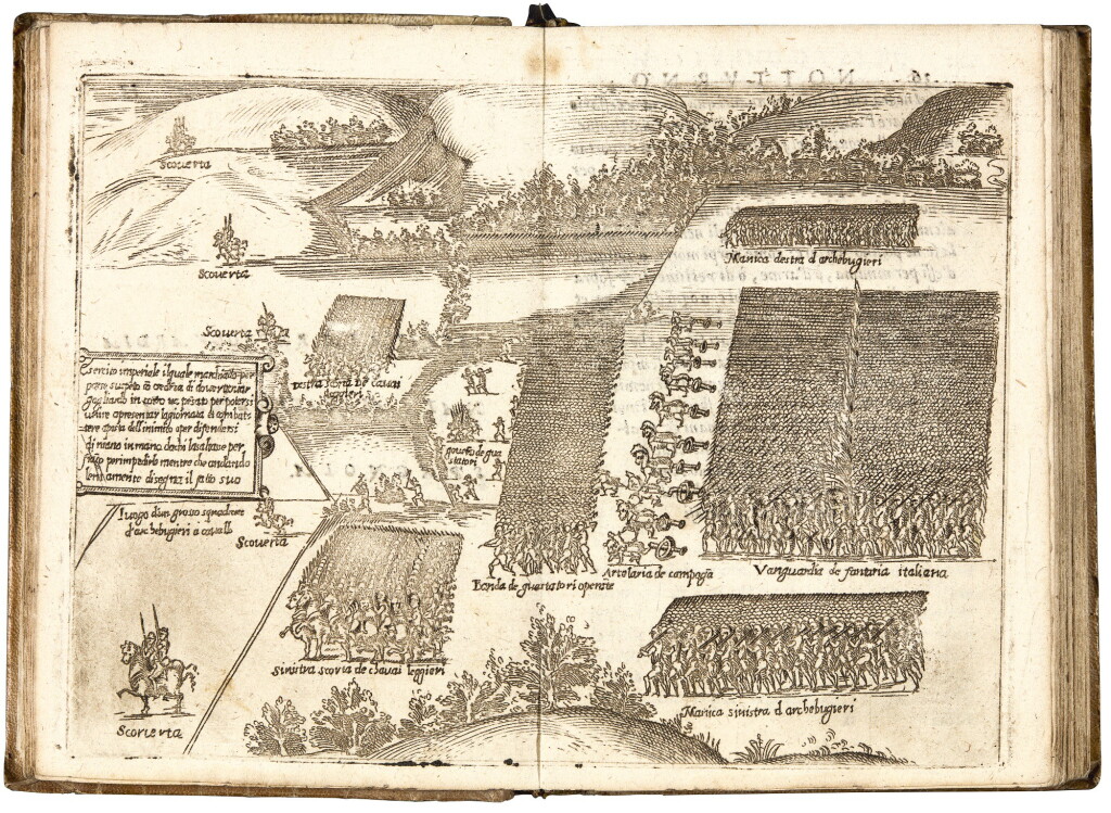 View full screen - View 1 of Lot 168. Ferretti, Arte militare dove si ragiona di ordinanze & del marciar esserciti, Ancona, 1608, vellum.