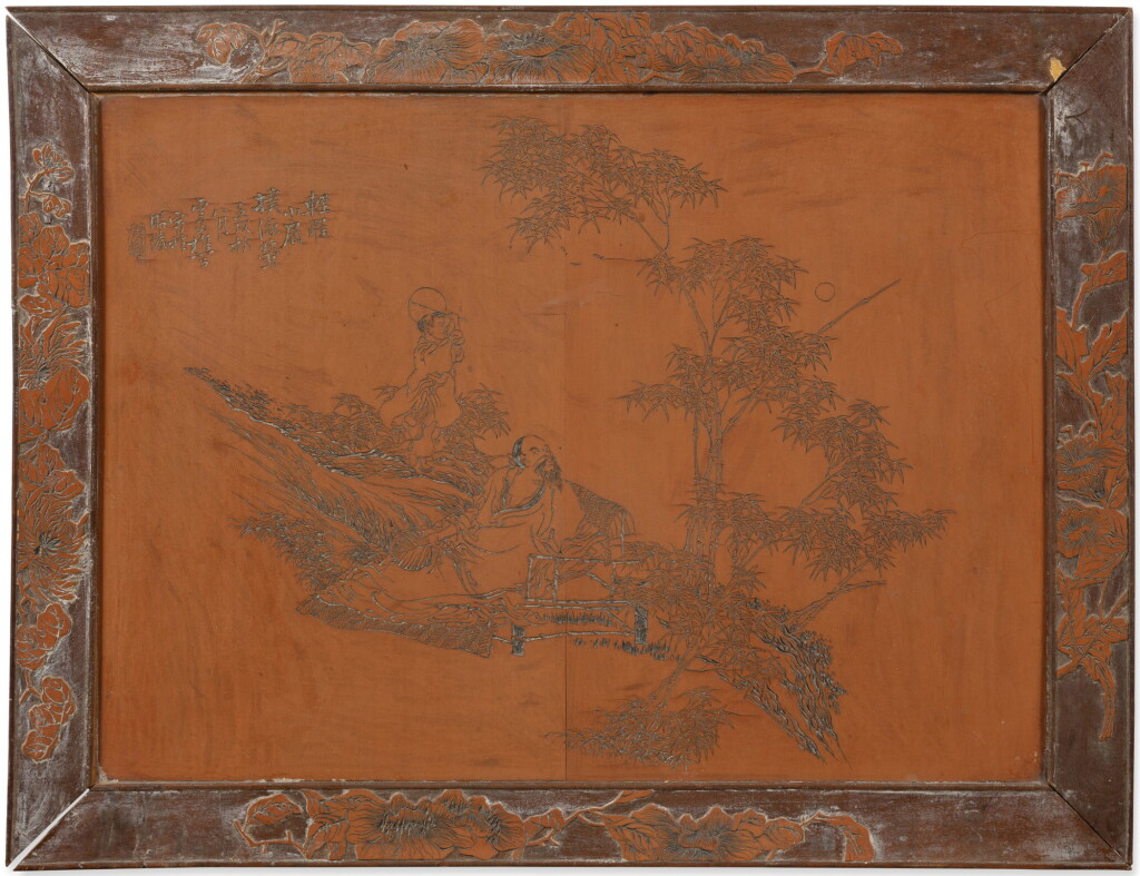 View full screen - View 1 of Lot 261. A pair of incised bamboo-veneer panels, Late Qing dynasty-Republican period | 清末至民國 竹簧雕刻掛屏一對.