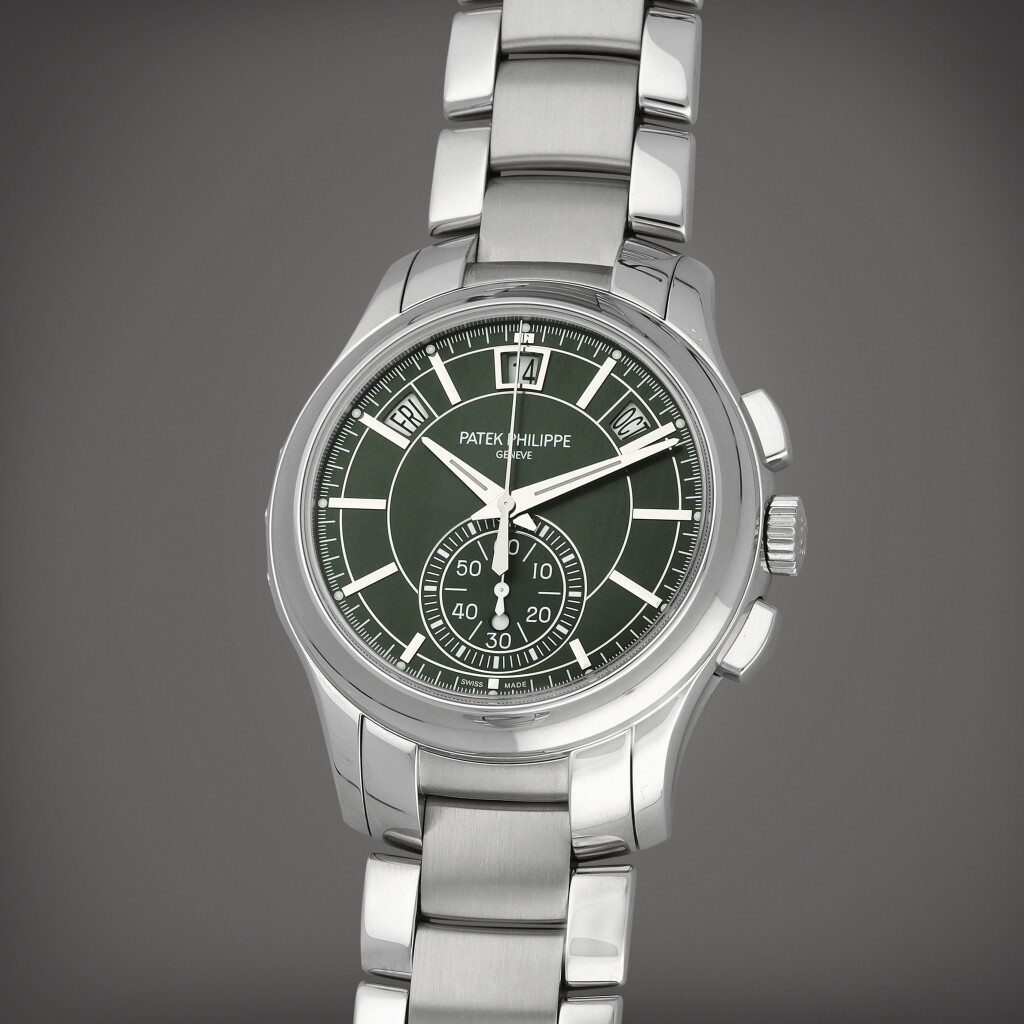 View full screen - View 1 of Lot 55. Reference 5905/1A-001 | A stainless steel annual calendar flyback chronograph wristwatch with day/night indication and bracelet | Circa 2022.