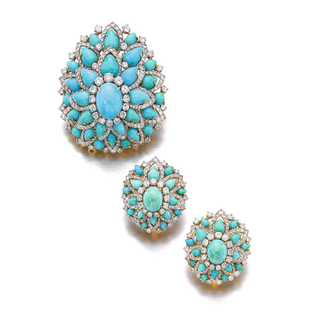 View full screen - View 1 of Lot 501. TURQUOISE AND DIAMOND DEMI-PARURE, BULGARI.