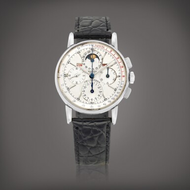 View full screen - View 1 of Lot 990. Tri-Compax | A stainless steel triple calendar chronograph wristwatch with day, date and moon phases, Circa 1940 | Tri-Compax | 精鋼全日曆計時腕錶,備日期、星期及月相顯示,約1940年製.