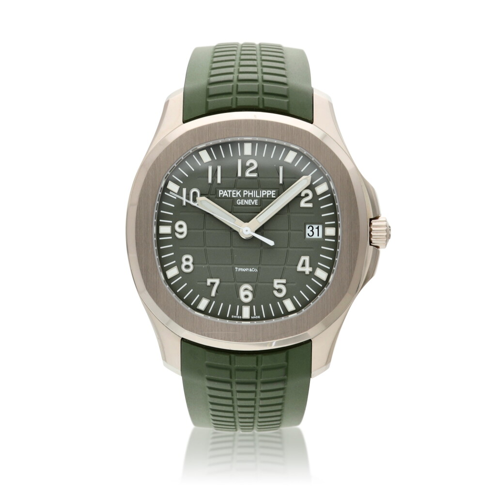 View full screen - View 1 of Lot 67. Reference 5168G-010 Aquanaut, Retailed by Tiffany & Co.: A white gold automatic wristwatch with date, Circa 2019 百達翡麗 5168G-010型號 Aquanaut 白金自動上鏈腕錶備日期顯示,約2019年製,零售商為蒂芙尼.