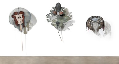 View full screen - View 1 of Lot 589. Three Masks for the Play Opus Siniestrus: Little Mermaid Mask (i), Máscara verde con pestañas (ii) & Double-Sided Mask (iii) .