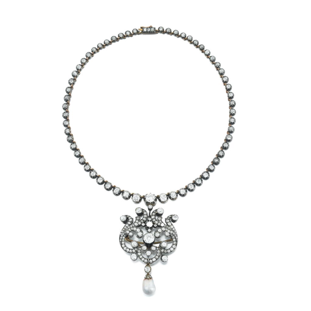 View full screen - View 1 of Lot 30. Diamonds and pearl necklace .