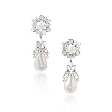 View full screen - View 1 of Lot 599. Fine pair of natural pearl, cultured pearl and diamond pendent ear clips, circa 1960.