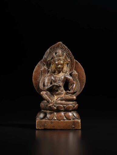 View full screen - View 1 of Lot 116. A copper alloy figure of Vajrasattva, Kashmir, 10th / 11th century | 克什米爾 十 / 十一世紀 銅合金金剛薩埵坐像.