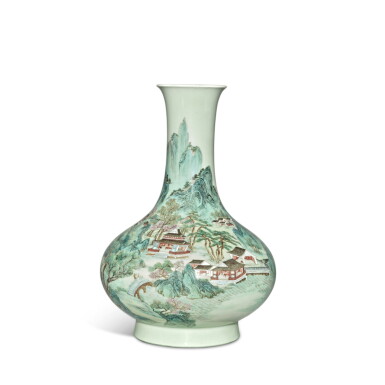 View full screen - View 1 of Lot 404. A celadon-ground famille-rose ‘landscape’ bottle vase, Republic period | 民國 豆青地粉彩山水圖長頸瓶.
