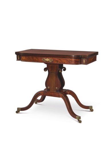 View full screen - View 1 of Lot 1749. THE CORDIS FAMILY VERY RARE CLASSICAL BRASS INLAID AND FIGURED MAHOGANY LYRE-BASE GAMES TABLE, ATTRIBUTED TO THOMAS SEYMOUR (1771–1848), BOSTON, MASSACHUSETTS, CIRCA 1808-1815.