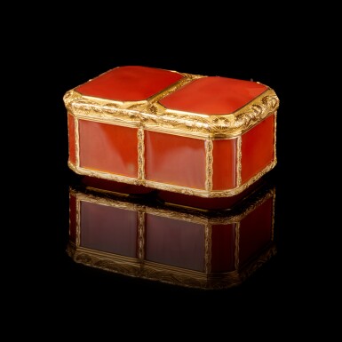 View full screen - View 1 of Lot 1063. A double-opening carnelian snuff box with cagework mounts, Noel Hardivilliers, Paris, 1738.