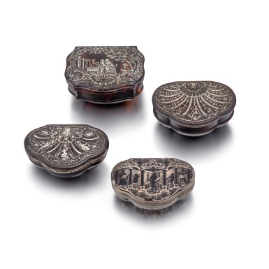 View full screen - View 1 of Lot 348. A group of four silver and tortoiseshell snuff boxes, circa 1740 and later .