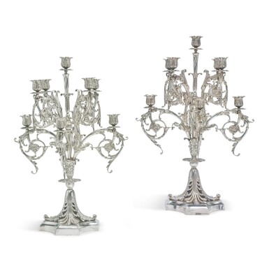 View full screen - View 1 of Lot 894. A MASSIVE PAIR OF AMERICAN SILVER "GEORGE III STYLE" NINE-LIGHT CANDELABRA, DESIGNED BY PAULDING FARNHAM FOR TIFFANY & CO., NEW YORK, 1902-1907.