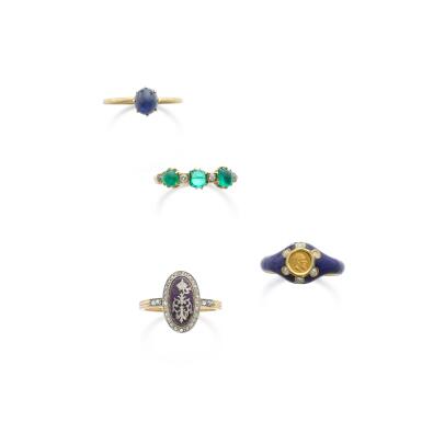 View full screen - View 1 of Lot 1053. Emerald, chrysoprase and diamond ring, late 19th century and a collection of jewels.