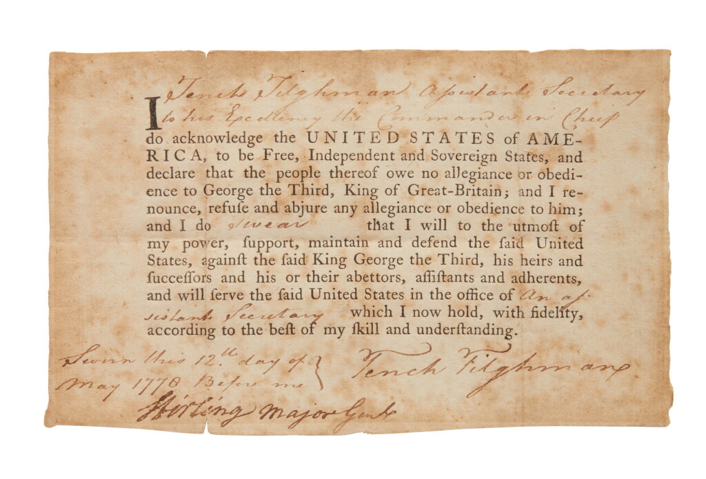 View full screen - View 1 of Lot 54. Tilghman, Tench, & William Alexander | George Washington's aide Tench Tilghman swears his allegiance to the United States.