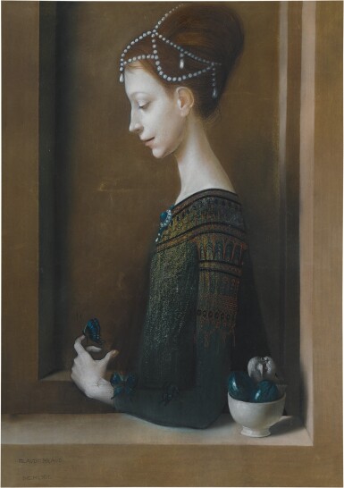 View full screen - View 1 of Lot 217. Retrato de mujer con mariposas.