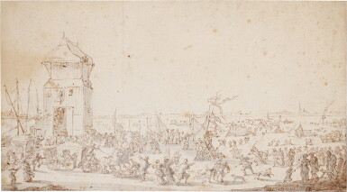 View full screen - View 1 of Lot 126. A fair by a quayside, with a mill tower and a distant view of Antwerp.