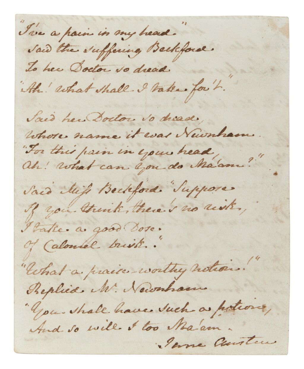 View full screen - View 1 of Lot 3. Jane Austen | “Lines on Maria Beckford,” autograph manuscript signed ("Jane Austen").