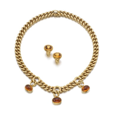 View full screen - View 1 of Lot 1128. Citrine and diamond necklace and a pair of citrine ear clips.