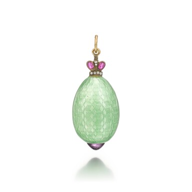 View full screen - View 1 of Lot 154. A jewelled gold and guilloché enamel egg pendant, possibly by Fabergé, circa 1900.