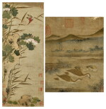 Two paintings depicting geese and kingfisher | 佚名《平沙落雁》設色紙本 鏡框 及 佚名《荷塘翠鳥》設色紙本 鏡框