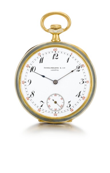 View full screen - View 1 of Lot 105. PATEK PHILIPPE & CIE | A FINE GOLD AND ENAMEL GENTLEMAN'S OPEN-FACED KEYLESS LEVER DRESS WATCH 1911, MOVEMENT NO. 165.472 CASE NO. 273534.