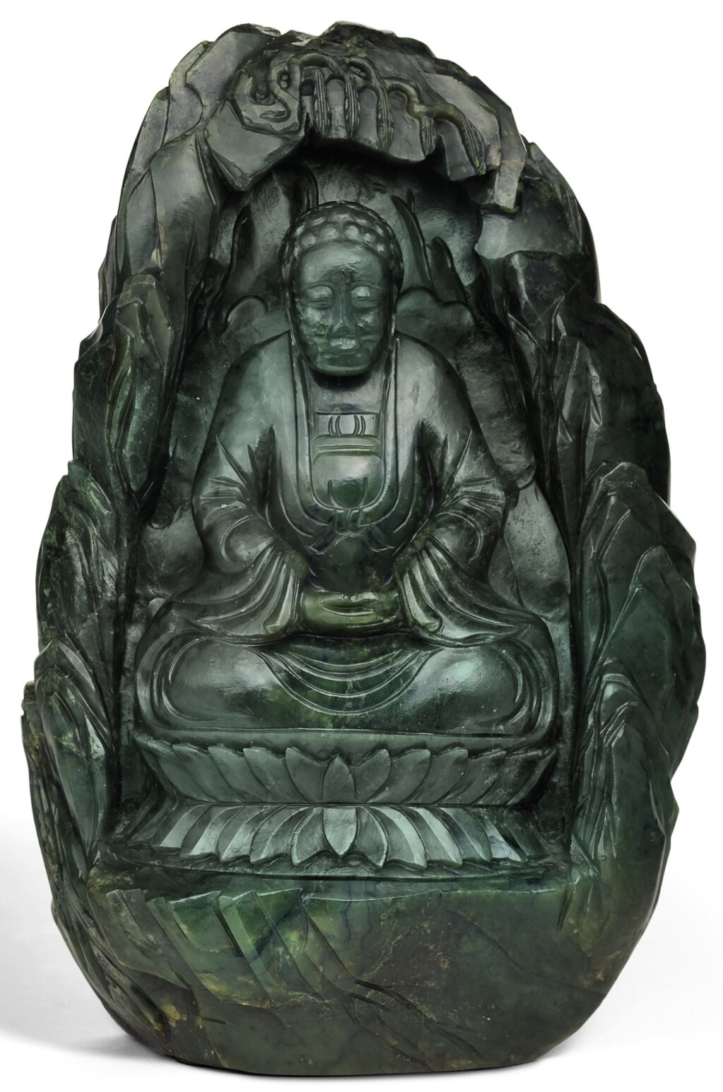 Voir en plein écran - Voir 1 du lot 350. A SPINACH-GREEN JADE 'BUDDHA IN A GROTTO' GROUP LATE QING DYNASTY | 晚清 碧玉坐佛山子.
