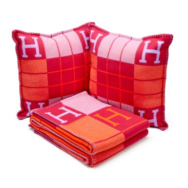 View full screen - View 1 of Lot 234. Fuchsia and Geranium Merino Wool and Cashmere Avalon III Blanket and Pillows.