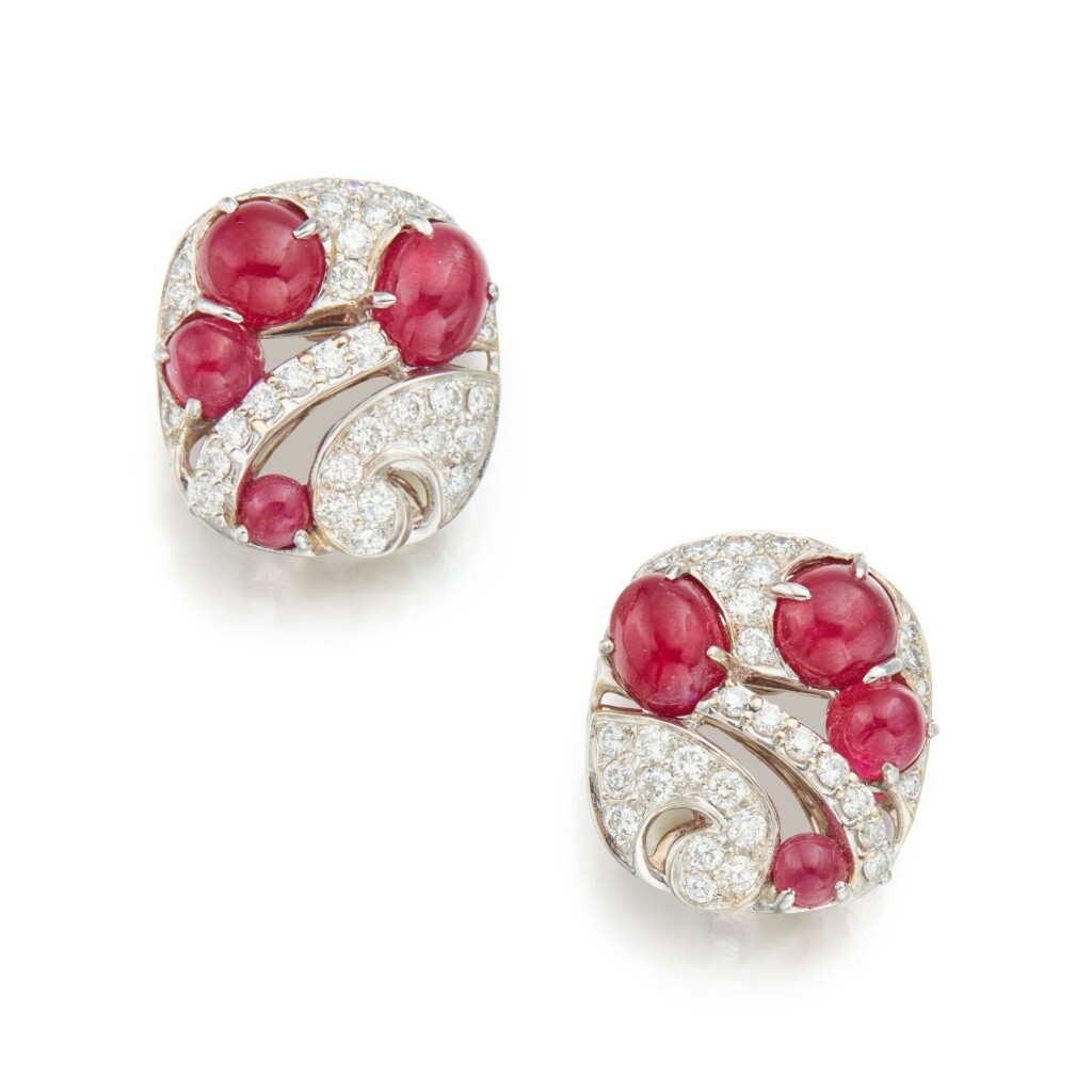 View full screen - View 1 of Lot 57. Pair of Diamond and Ruby Earclips.