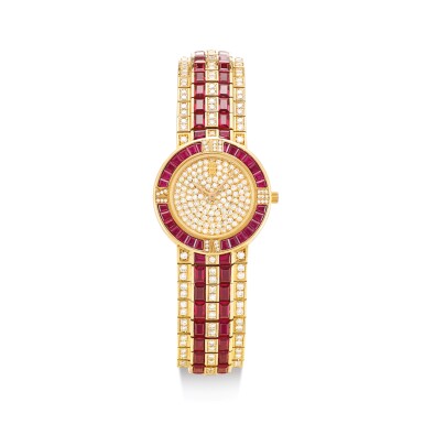 View full screen - View 1 of Lot 2123. CORUM | REFERENCE 30 42265V133 A YELLOW GOLD, DIAMOND AND RUBY-SET BRACELET WATCH, CIRCA 1990" | 崑崙 | 型號 30 42265V133 黃金鑲鑽石及紅寶石鏈帶腕錶,錶殼編號461834,約1990年製".