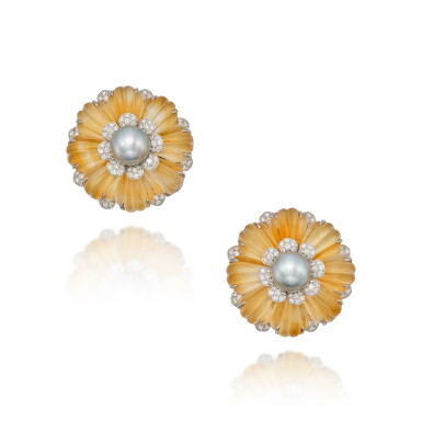 View full screen - View 1 of Lot 431. Pair of Cultured Pearl, Citrine and Diamond Earclips.