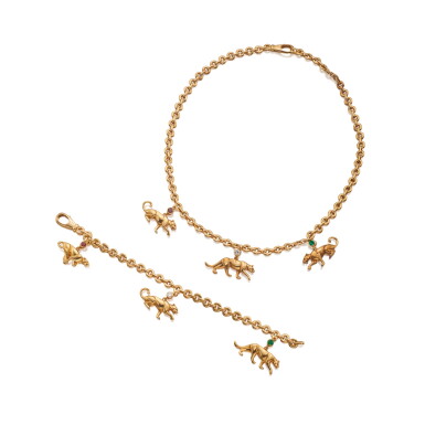 View full screen - View 1 of Lot 45. Cartier | Gold and Gem-Set Necklace and Bracelet, France.