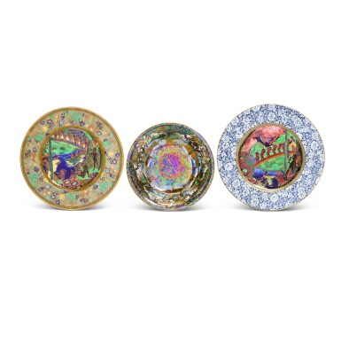 View full screen - View 1 of Lot 12. Two Wedgwood Fairyland lustre plates and a shallow circular bowl, Circa 1920-25.