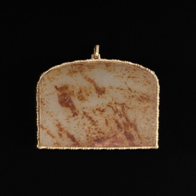 View full screen - View 1 of Lot 829. A celadon and russet jade plaque, Tang dynasty | 唐 褐斑青玉牌.