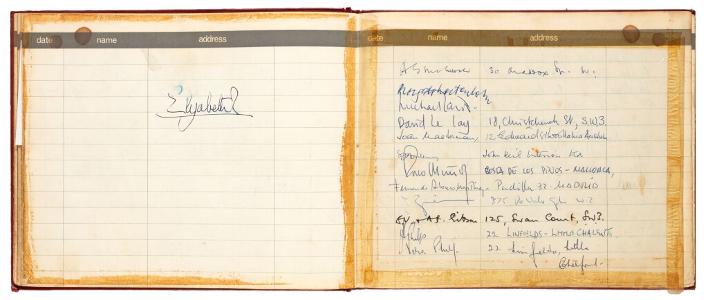 View full screen - View 1 of Lot 172. Autograph Collection | Visitors' Book of Zarach Ltd, ranging from Queen Elizabeth II to Mick Jagger, 1960s-70s.