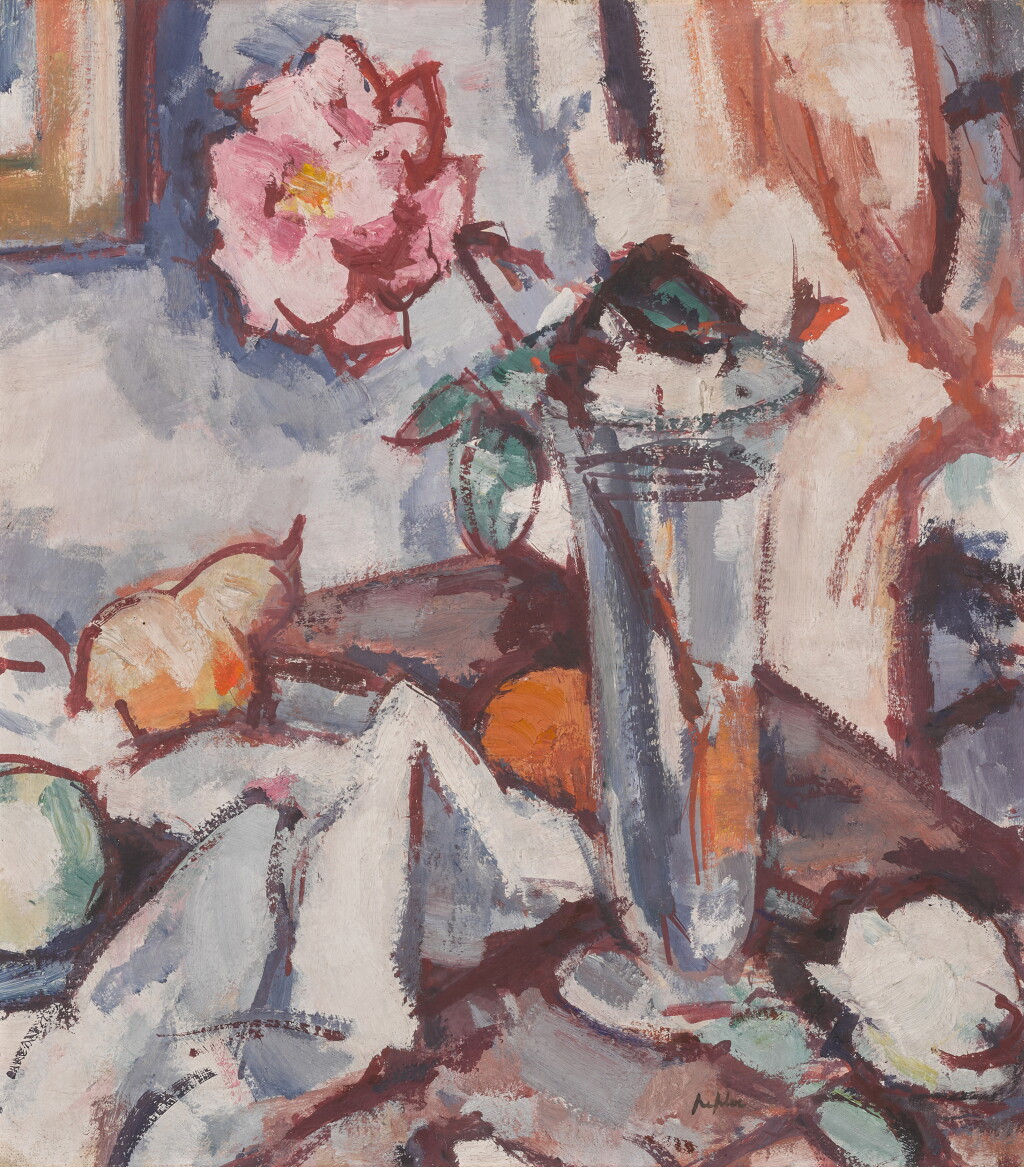 View full screen - View 1 of Lot 20. Pink Rose in a Glass Vase with Fruit.