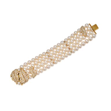 View full screen - View 1 of Lot 179. Cultured Pearl and Diamond Bracelet.
