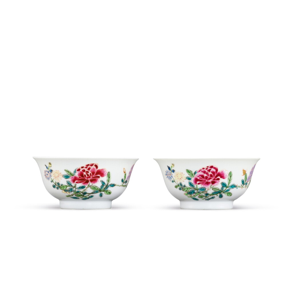 View full screen - View 1 of Lot 399. A pair of famille-rose 'floral' bowls Marks and period of Yongzheng | 清雍正 粉彩蝶戀花盌一對 《大清雍正年製》款.