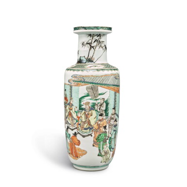 View full screen - View 1 of Lot 360. A famille-verte 'birthday celebration' rouleau vase, Qing dynasty, Kangxi period | 清康熙 五彩郭子儀祝壽圖棒槌瓶.