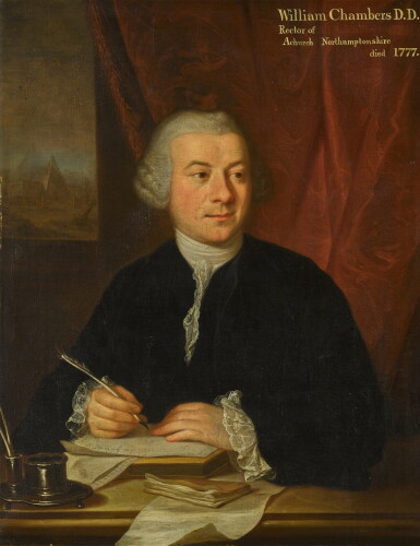 View full screen - View 1 of Lot 69. Portrait of William Chambers (1724?–1777), Rector of Achurch, seated at a table writing a letter, a landscape with a pyramid in the background.